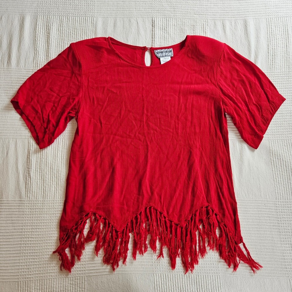 Silverstream Red Rayon Fringe Sharkbite Hem Short Sleeve Boho Top Women S